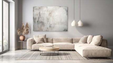 Contemporary living room design featuring a spacious beige sectional sofa, abstract wall art, and minimalist pendant lighting.