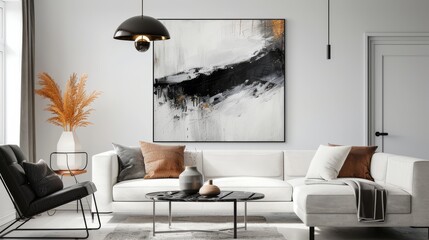 With minimalist pendant lighting, abstract wall art, and a spacious beige sectional sofa, the design of this contemporary living room offers a modern aesthetic.