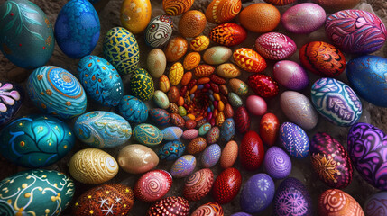 Vibrant Easter eggs arranged in a swirling pattern on a tabletop, creating a mesmerizing display of colors and textures, evoking the joy of the holiday.