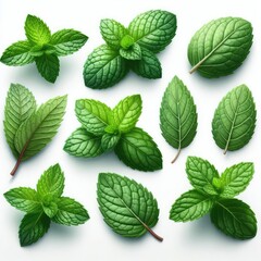 set of green mint leaves isolated on white background