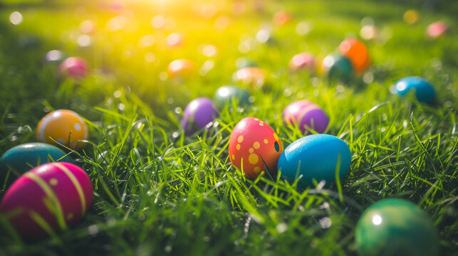 Vibrant Easter eggs scattered on a sunlit grassy field, capturing the beauty of an outdoor egg hunt and the natural connection with the spring season.