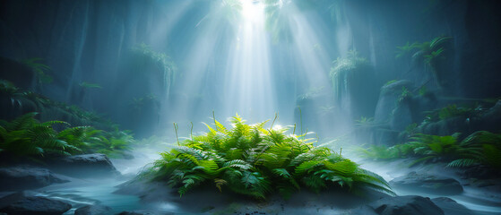 Forest Awakening: Sunlight Pierces Through the Mist, Revealing a Verdant Forest Alive with the Promise of a New Day