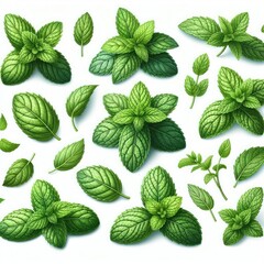 set of green mint leaves isolated on white background - obrazy, fototapety, plakaty