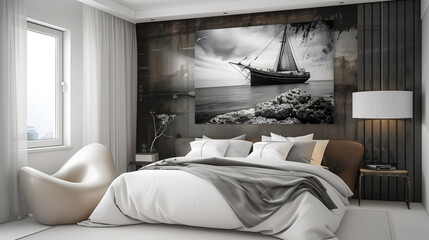 Modern master bedroom interior with picture of shipwreck on the wall (photo coming from my gallery) .