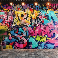 A vibrant, colorful graffiti wall art brings a lively atmosphere to the interior of a modern urban cafe space featuring eclectic seating.