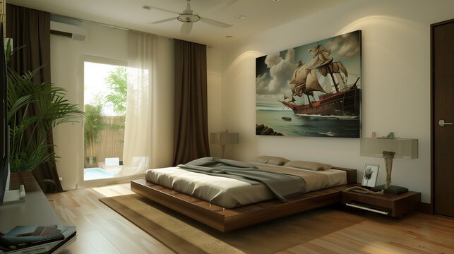 Modern master bedroom interior with picture of shipwreck on the wall (photo coming from my gallery) .
