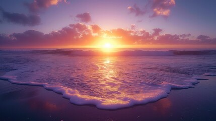 Beautiful golden purple and blue sunset over the calm ocean horizon. Generative AI. - obrazy, fototapety, plakaty
