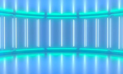 Abstract rounded room, illuminate neon lamps. Futuristic minimal scene. 3d illustration
