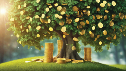 Coins on the tree. Business investment ideas coin tree planting and saving money tree coin tree money growth idea for bank or bank vector illustration. - obrazy, fototapety, plakaty