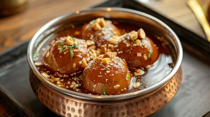 A bowl of creamy gulab jamun dessert, glistening with syrup and garnished with nuts