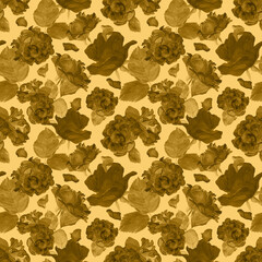 Seamless watercolor pattern of roses, leaves, petals in beige color. Hand painted illustration sepia background. Botanical design for textile, packaging, fabric. Romantic decor, vintage. Retro style.