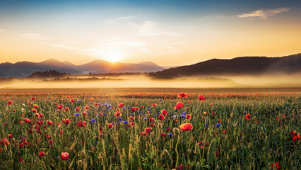 The Sun rising on a field of poppies in the countryside, Tyrol, Austria	