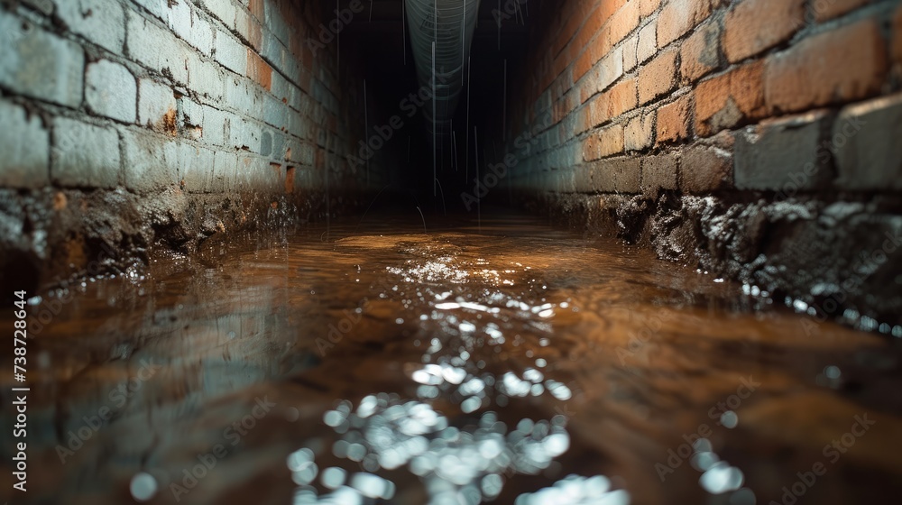 Poster a dark dirty wet crawl space, brick or concrete. generative ai.