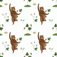 Watercolor summer pattern with bear