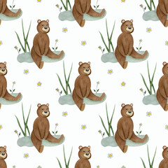 Watercolor summer pattern with bear