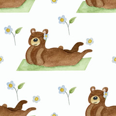 Watercolor summer pattern with bear
