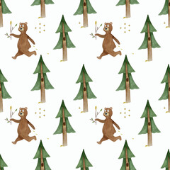 Summer watercolor pattern with bears, Christmas tree, bees