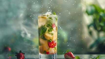 A refreshing agua fresca made with fresh fruit and herbs, condensation forming on the glass
