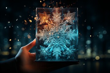a person is holding a block of ice with a snowflake carved into it - Powered by Adobe