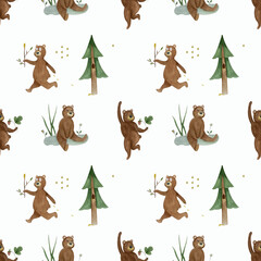 Summer watercolor pattern with bears, Christmas tree, bees