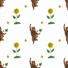 Watercolor summer pattern with bear and sunflower