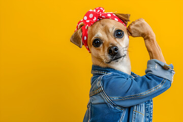 Strong woman dog raises arm and shows bicep on yellow background. Support animal rights, activism. Female power, feminism. Retro style. We can do it! International Women's Day creative concept
