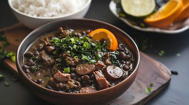Brazilian feijoada stew with black beans, pork, beef, and sausage, served with rice, collard greens, and orange slices
