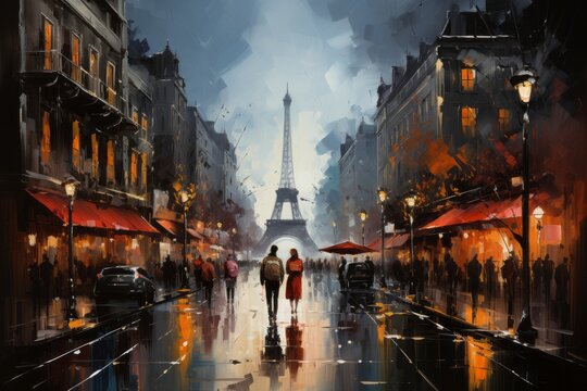 a painting of people walking down a street in paris with the eiffel tower in the background