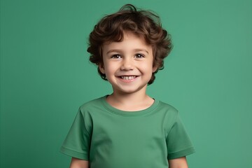 Portrait of a cute little boy with curly hair on a green background