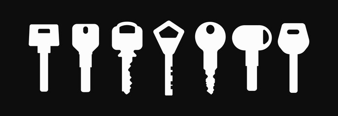 Set of Door keys white silhouettes on dark background. Vector objects - 738729896