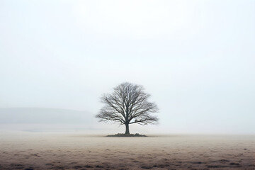 Lonely tree in a misty field, low angle view