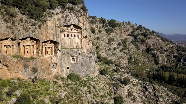 Drone Video of Kaunos (Caunos) King Tombs Ruins in Dalyan, Turkey