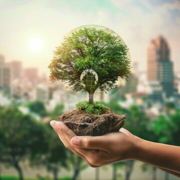 International Day of Forests concept: hands holding tree and earth globe over green and city background