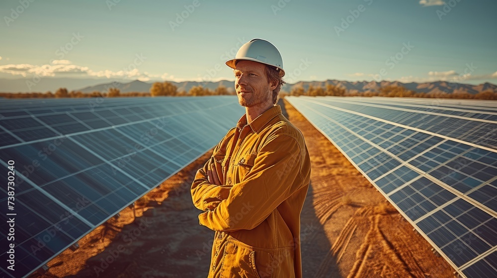Poster a man standing between the rows of solar panels on a solar farm. generative ai.