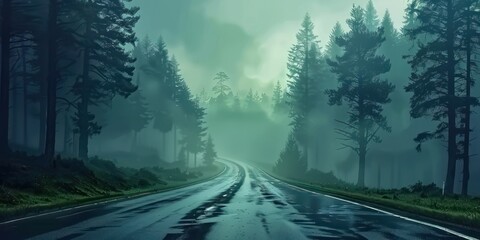 Road winding through misty forest creating mysterious and tranquil landscape journey through nature with trees shrouded in fog evoking sense of adventure perfect for travel and outdoor photography