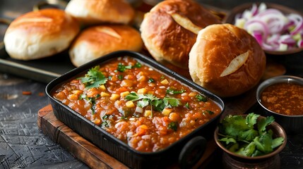 Indian pav bhaji street food dish with mashed vegetable curry and buttered bread rolls