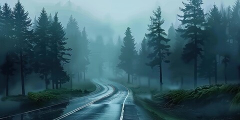 Road winding through misty forest creating mysterious and tranquil landscape journey through nature with trees shrouded in fog evoking sense of adventure perfect for travel and outdoor photography