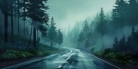 Road winding through misty forest creating mysterious and tranquil landscape journey through nature with trees shrouded in fog evoking sense of adventure perfect for travel and outdoor photography - obrazy, fototapety, plakaty