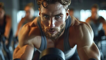 Fototapeta premium Young man engaging in cycling workout at fitness gym with friends embodying healthy lifestyle and active sport showcasing strength vitality and determination in physical exercise importance of health