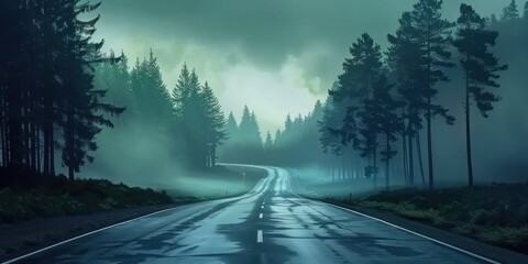 Road winding through misty forest creating mysterious and tranquil landscape journey through nature with trees shrouded in fog evoking sense of adventure perfect for travel and outdoor photography