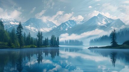 Tranquil scenery with snow castle in clouds. Mountain creek flows from forest hills into glacial lake. Snowy mountains in fog clearance. Small river and coniferous trees reflected in calm alpine lake.