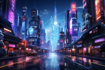 a futuristic city at night with a lot of neon lights on the buildings - obrazy, fototapety, plakaty