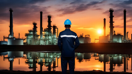 Fototapeta na wymiar Engineer standing and looking and note at a oil refinery industrial plant and looks at a beautiful landscape.