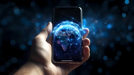 View of a Businessman holding a Smart phone with earth globe - 3d rendering, Generative AI illustrations.
