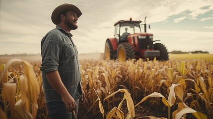 A rural producer on the farm standing next to a tractor in a corn field. Generative AI.