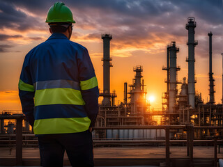 Engineer standing and looking and note at a oil refinery industrial plant and looks at a beautiful landscape.