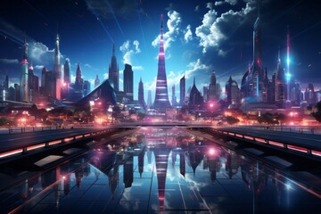 A futuristic cityscape at midnight, with skyscrapers reflecting in the water