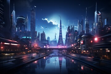 a futuristic city at night with a river in the foreground and a bridge in the background