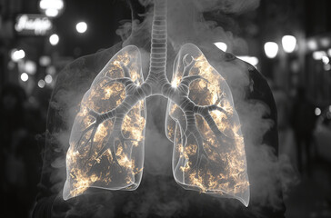 Conceptual image of human lungs with city lights, symbolizing urban life and pollution.
