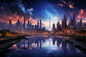 Wall murals Reflection Urban skyline reflected in tranquil waters under the night sky